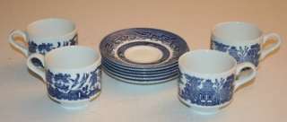 Churchill England BLUE WILLOW Dinnerware Set of 4 Cups & 6 Saucers 10 