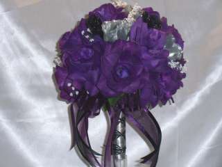 Wedding Bridal Bouquet Round Purple Silver Black Silk Flower 21 pc 