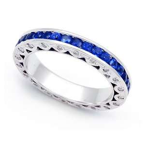 Platinum Pave set Diamond and Blue Sapphire Eternity Wedding Band Ring 