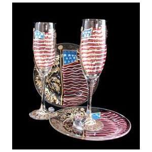 Americas Flag Design   Hand Painted   Matching Set of Toasting Flutes 