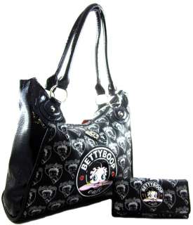   Betty Boop Cafe Tote Croc Embossed Side Purse Handbag Wallet SET Black