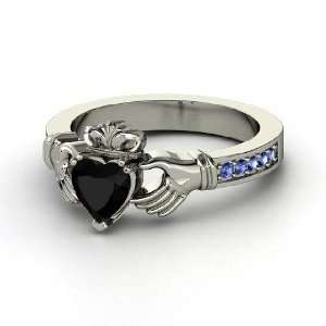  Claddagh Ring, Heart Black Onyx 14K White Gold Ring with 