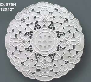   12 Round White 100% Linen Cutwork Floral Embroidery PLACEMATS/DOILIES