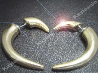   Ear Plug Long Curved Tribal Horn Spike Earrings Stud Gold Top  