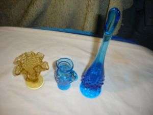 Fenton lot of blue and amber vase and blue pitcher  