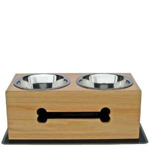    Wooden Bone Double Elevated Dog Bowls   Small