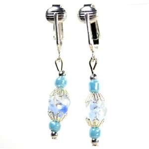 Unique Blue & Clear Clip On Earring Pair with Swirl & Silvery Accent 