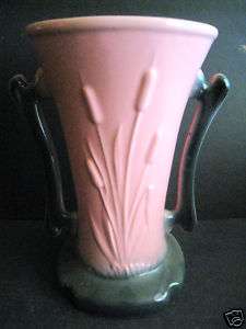 Vintage Art Pottery Hull Handled Vase Pink & Black W/Cat Tails 