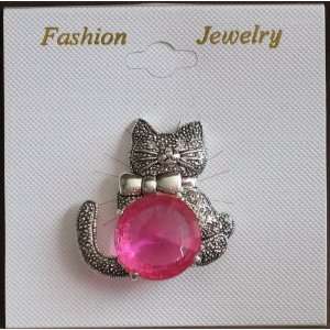  Fashion Brooch Pin Cat With Pink Faux Gemstone 