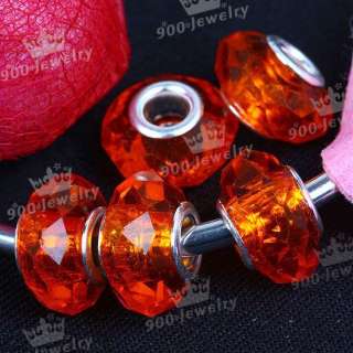 5x Orange Faceted Crystal Glass European Big Hole Beads  