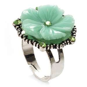  Antique Silver Pale Green Flower Ring Jewelry