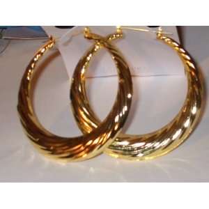   Gold Plate Swirl Twist Circle Bamboo Hoop Earrings 3 By 3 Inches Big