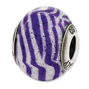   Silver Reflections Italian Purple & White Stripes Glass Bead: Jewelry