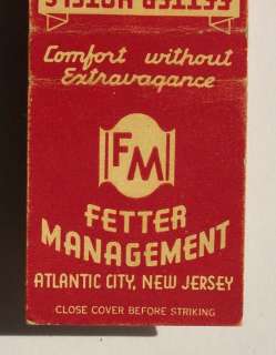 1950s Matchbook Fetter Jefferson Hotel Atlantic City NJ  