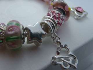 Authentic Pandora Silver Bracelet w 22 Beads & Charms Pink Lady US 