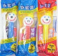   IN THE BOX PEZ RED BLUE YELLOW STEM CANDY DISPENSERS MIB TOYS  