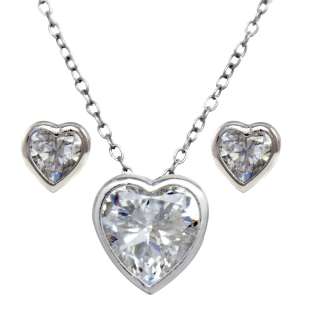 925 Silver Rhodium Plated Heart CZ Bezel Set Slider Pendant and 