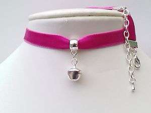   PLATED JINGLE BELL♥ 10mm HOT PINK Velvet Ribbon Choker Necklace   oh