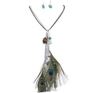  Long Peacock Feather Necklace Set; 42L; Silver And 