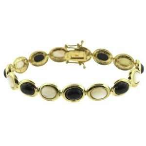   Gold over Sterling Silver Mother of Pearl & Onyx Oval Link Bracelet