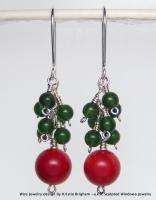 RED CORAL and GREEN JADE Sterling Silver WIRE WRAPPED EARRINGS  
