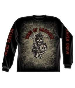 SONS OF ANARCHY REAPER CREW LONG SLEEVE BLACK SHIRT NWT  