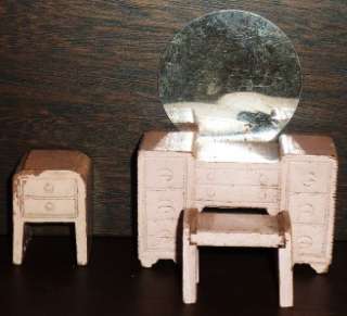   Dollhouse Wood Bedroom Vanity Table, Side Table and Bench Lot  