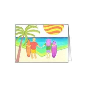  Couple w/surfboards holding hands at the beach Card 