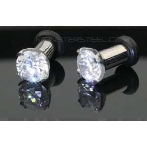    PAIR 6g 6 Gauge LARGE Prong CLEAR CZ Ear Plugs Tunnels: Jewelry